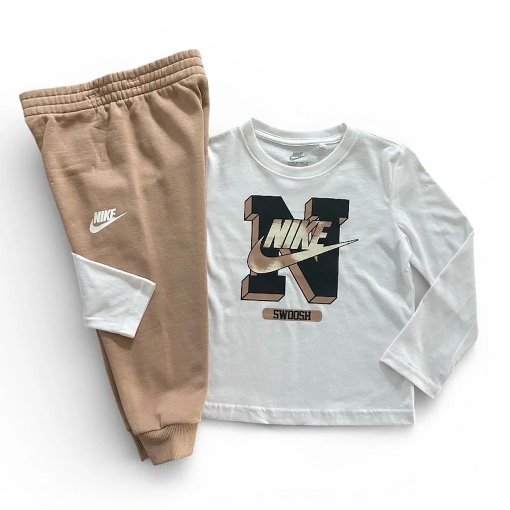 Nike Long Sleeve Logo T-Shirt & Tan Jogger Pants 2 Piece Set Boys Size 4 NWT